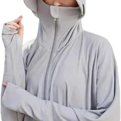 Light grey hooded full-zip sun jacket with long sleeves and front zipper
