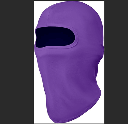 Purple full-face balaclava ski mask with oval eye opening and contoured fit
