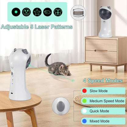 White cat laser toy with rotating top and adjustable multi-pattern laser beam projections