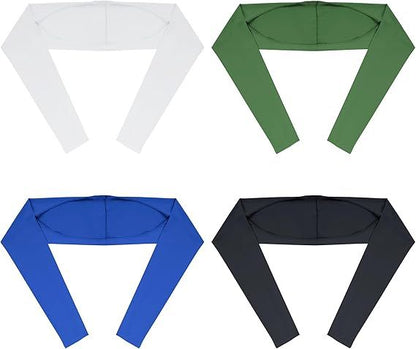 Cooling shawls in white, green, blue, and black with long sleeves and curved open front