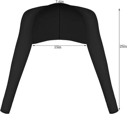Black cooling shawl with long sleeves and curved open front for sun protection