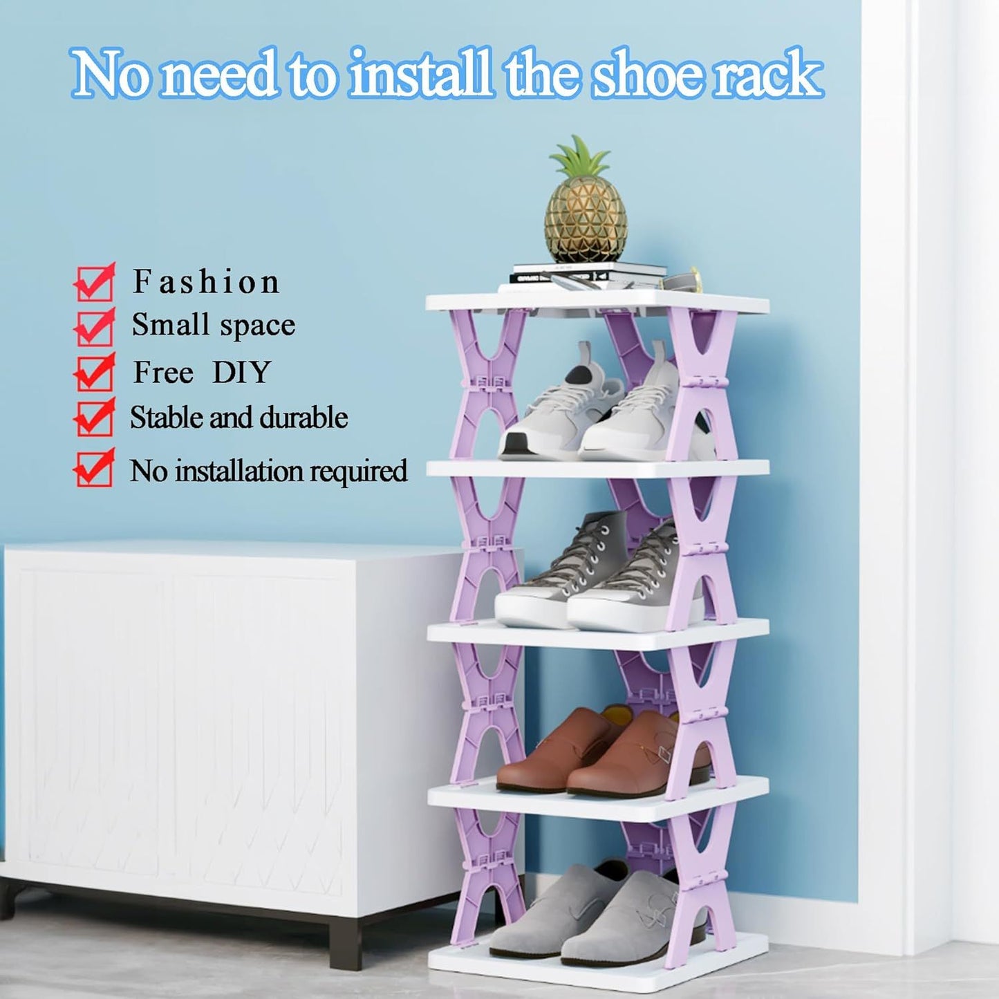 Purple 6-tier vertical shoe rack with open shelves and shoes in a hallway