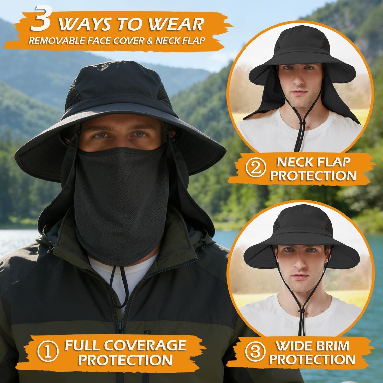 Black wide-brim bucket hat with face-covering neck flap and chin tie, front view.