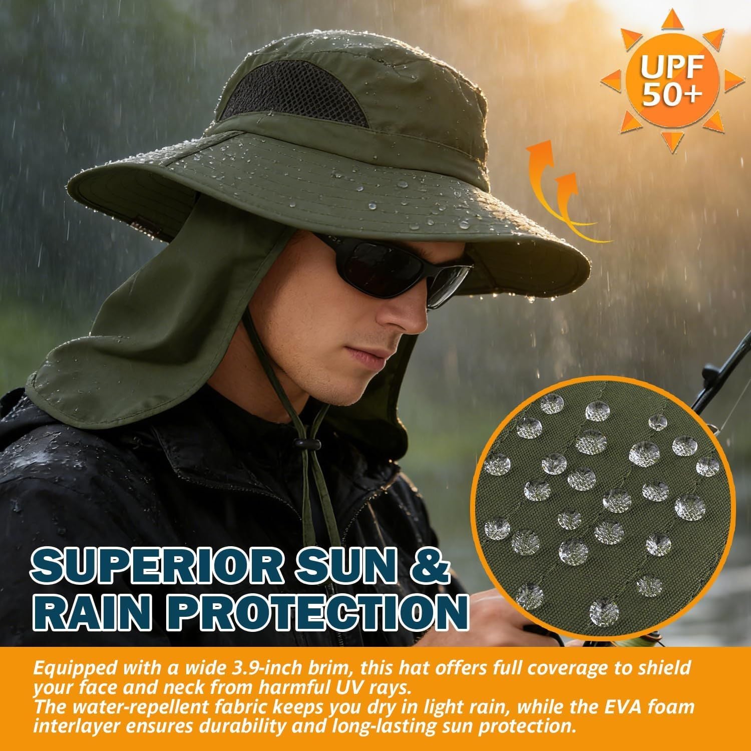 Dark green wide brim bucket hat with mesh panel and neck flap