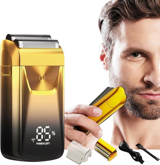 Gold electric foil shaver with LCD power display and charging dock