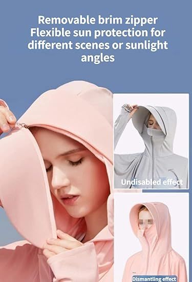 Hooded sun protective jacket with removable brim zip-up, long sleeves, pink color