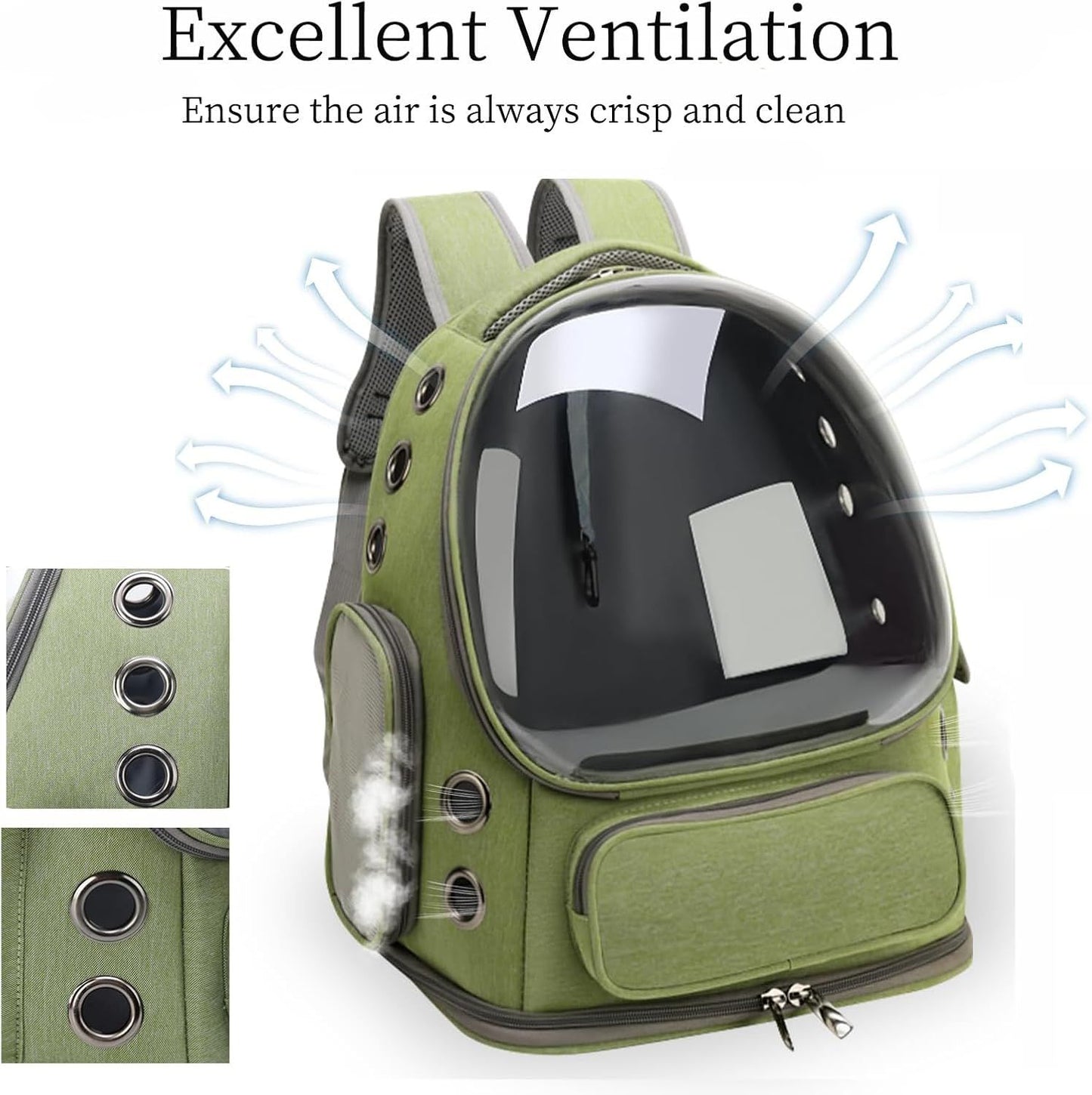 Green cat bubble backpack carrier with clear window and mesh ventilation side panels