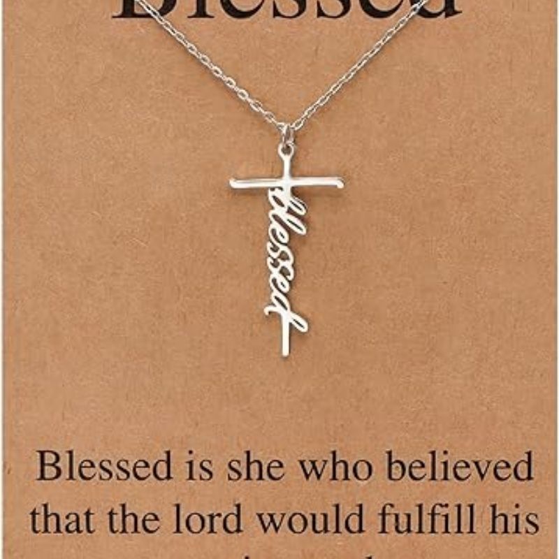 Cross pendant necklace with silver chain and Blessed cursive charm