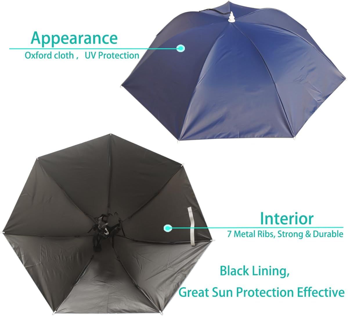 Navy umbrella hat with black-lined interior and adjustable head strap at center.
