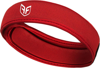 Red protective headband with PF logo, padded oval band with inner cutout