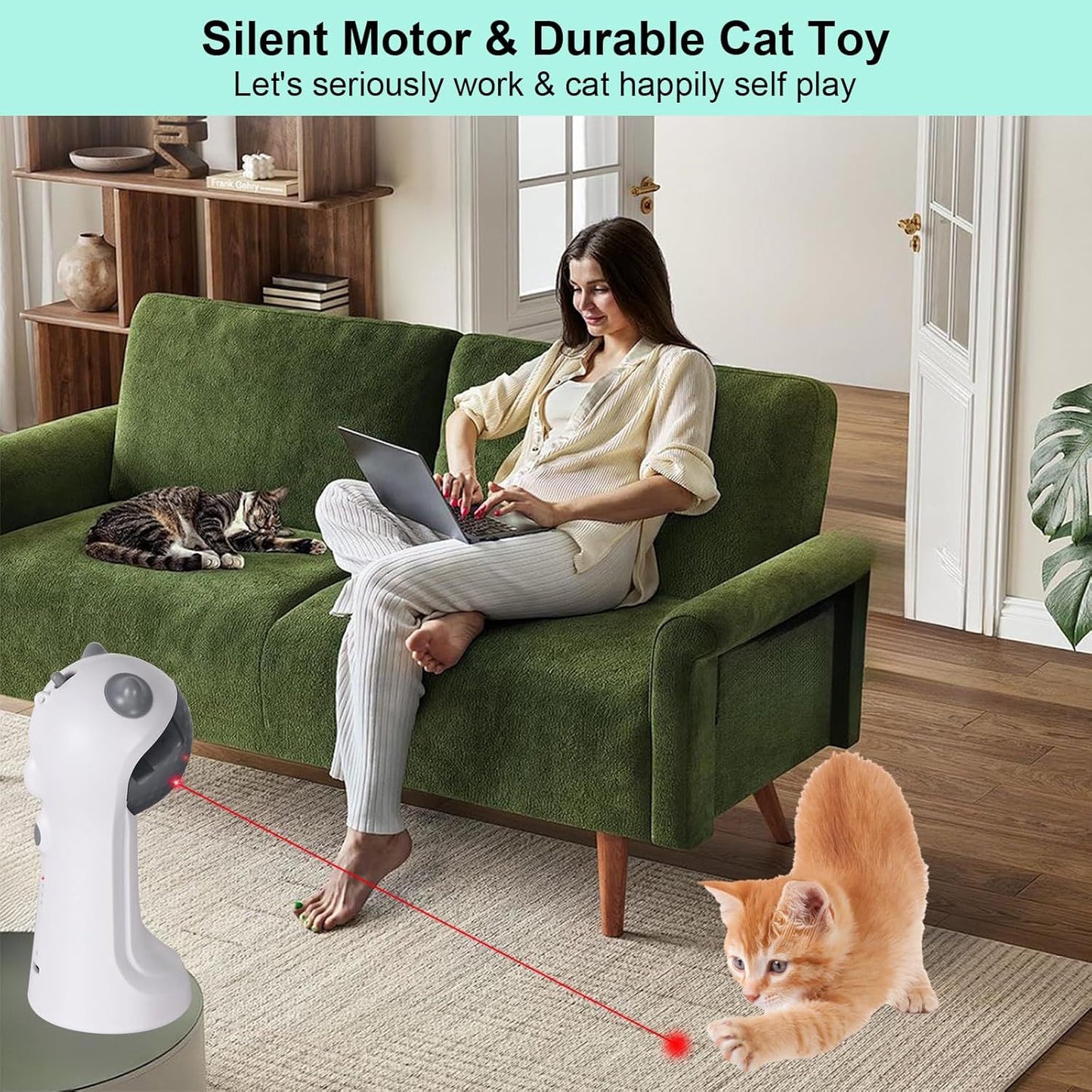 White automatic laser cat toy projecting red laser beam on floor, cat playing nearby