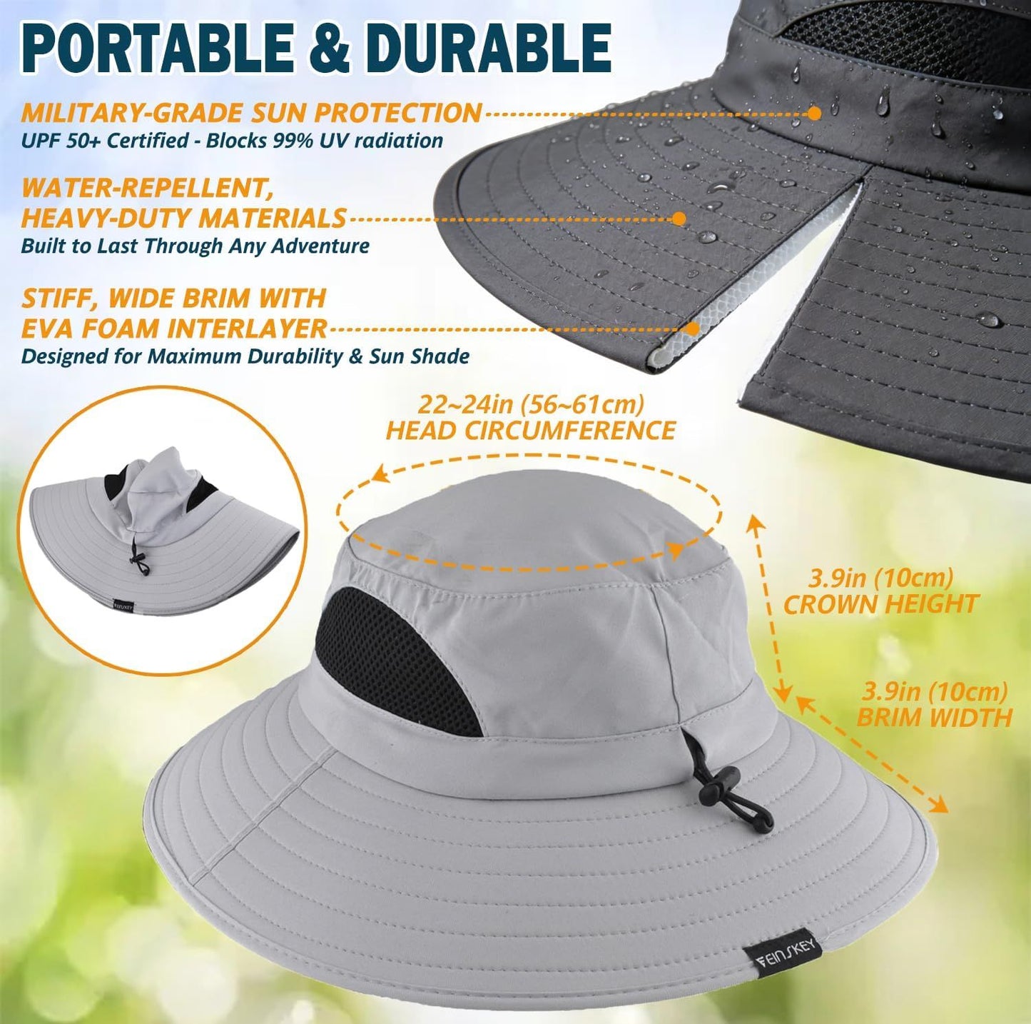 Light grey wide-brim sun hat with face shield and wide brim
