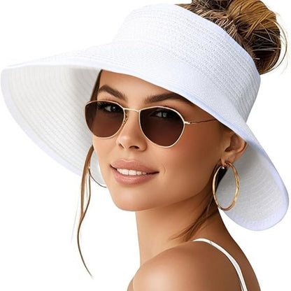 Women’s wide-brim paper straw sun hat in white with floppy brim and ponytail opening
