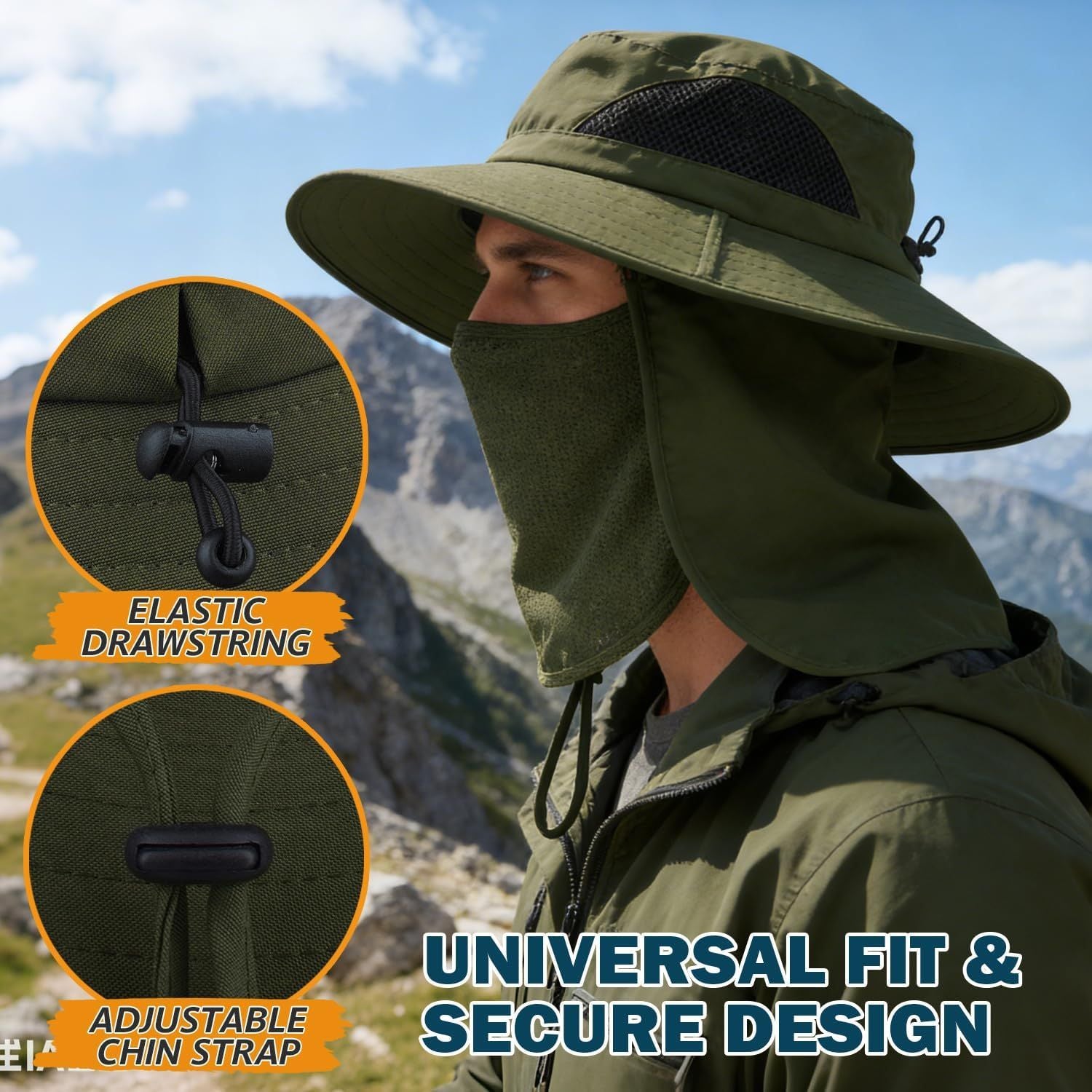 Olive green wide brim bucket hat with drawstring and adjustable chin strap