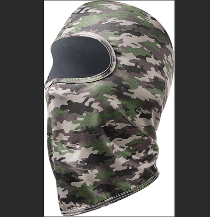 Camouflage full-face balaclava ski mask with oval eye opening and stitched trim