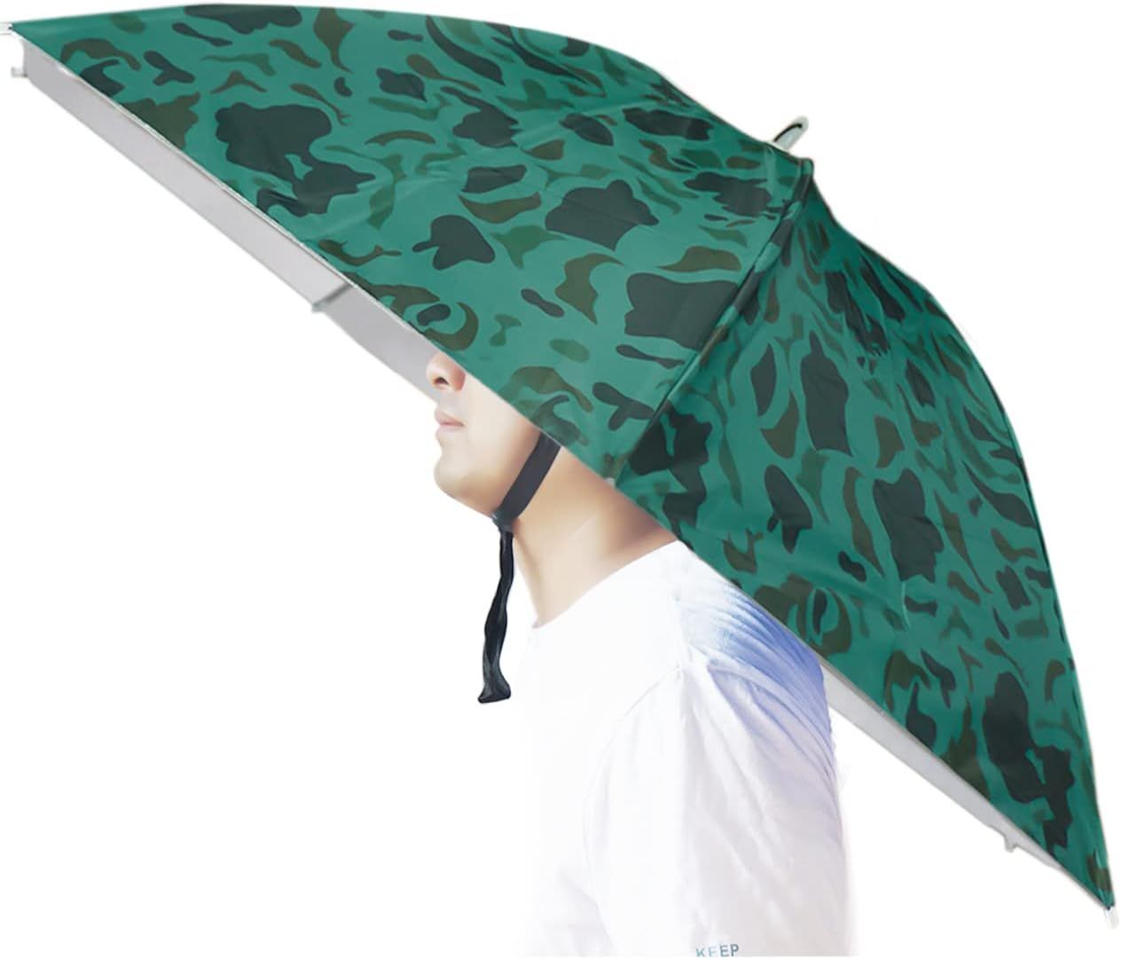 Green camouflage umbrella hat with chin strap, hands-free sun protection canopy