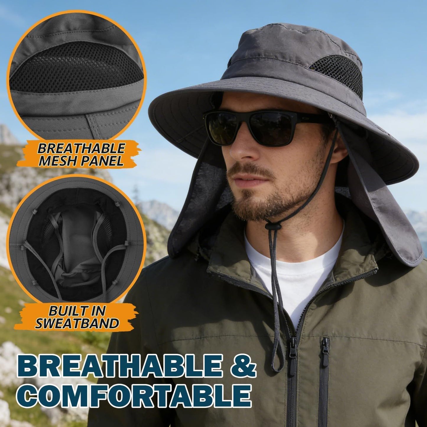 Dark grey wide brim bucket hat with mesh panel and built-in sweatband