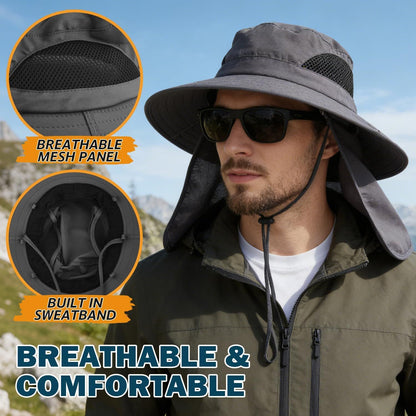 Dark grey wide brim bucket hat with mesh panel and built-in sweatband