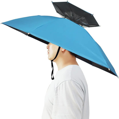 Teal blue umbrella hat with black edge and chin strap, hands-free outdoor shade