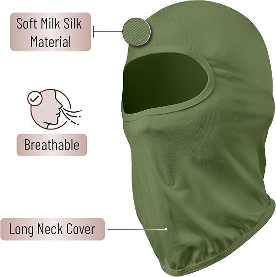 Olive green breathable full-face balaclava with long neck cover and face opening.