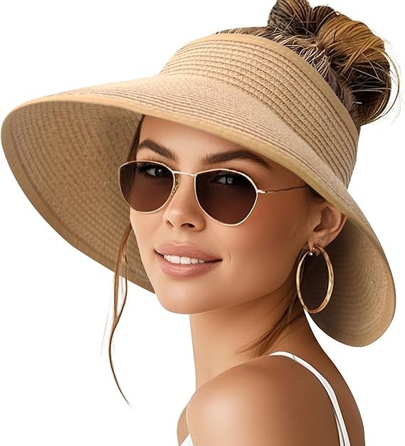 Women’s wide-brim paper straw sun hat in light tan with ponytail opening and wide brim