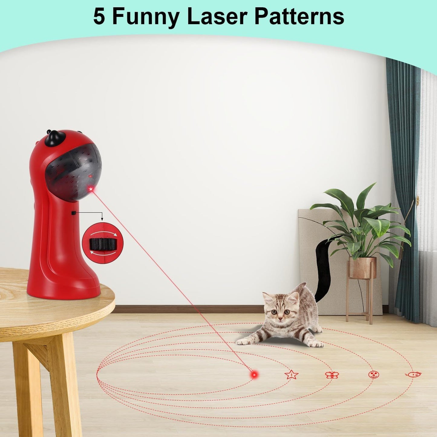 Automatic laser cat toy, red body with black top; multiple projected laser patterns on carpet