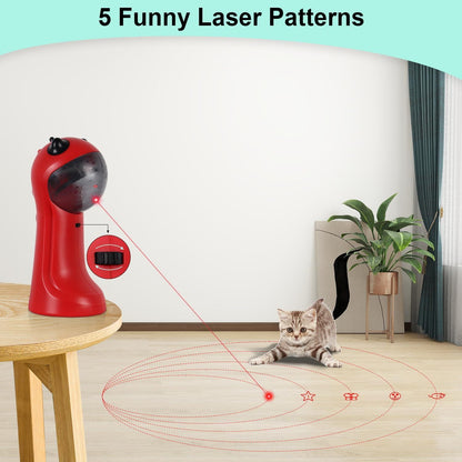 Automatic laser cat toy, red body with black top; multiple projected laser patterns on carpet