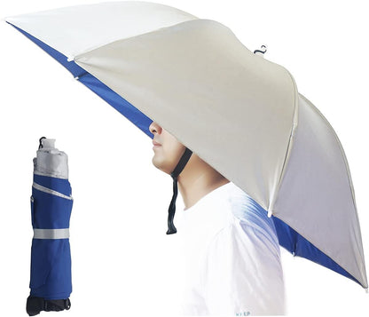 Beige umbrella hat with blue edge, worn over the head with chin cord.