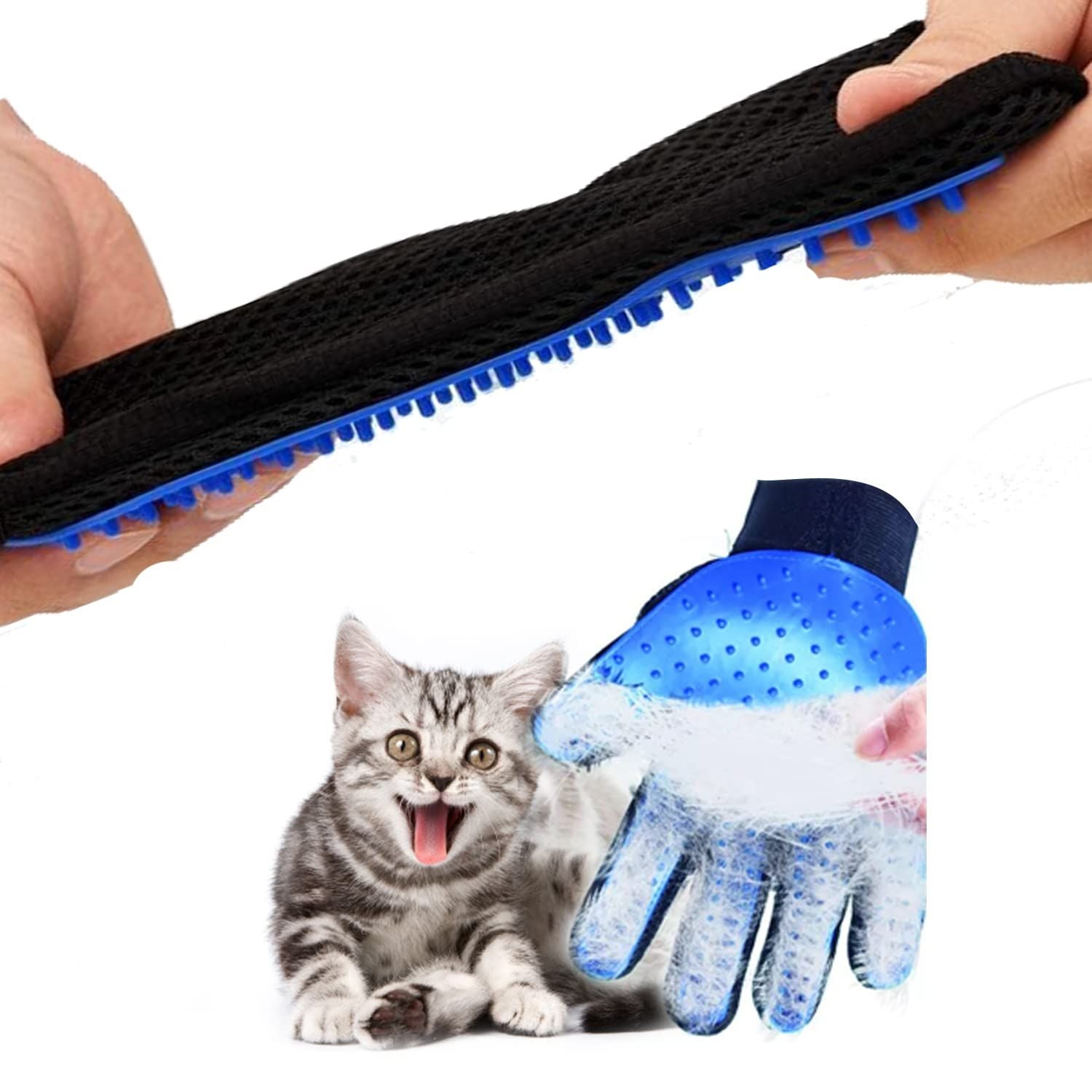 Blue silicone-tip grooming glove with adjustable black wrist strap