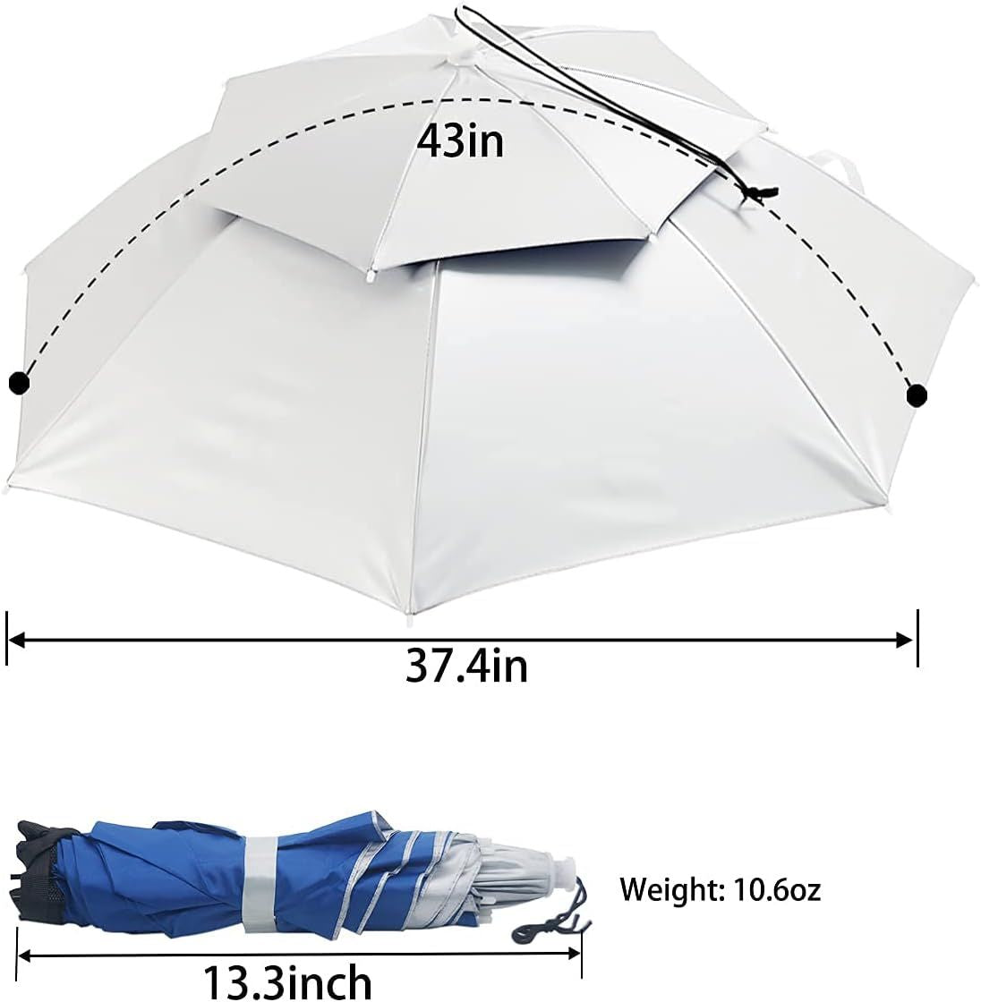 White hands-free umbrella hat, foldable canopy with 37.4in width and 43in height