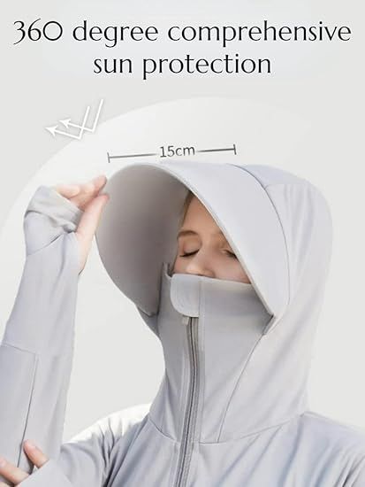 Light grey hooded full-zip sun protective jacket with wide brim and zipper front