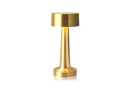 Gold rechargeable cordless LED table lamp with round cylindrical shade and pedestal base