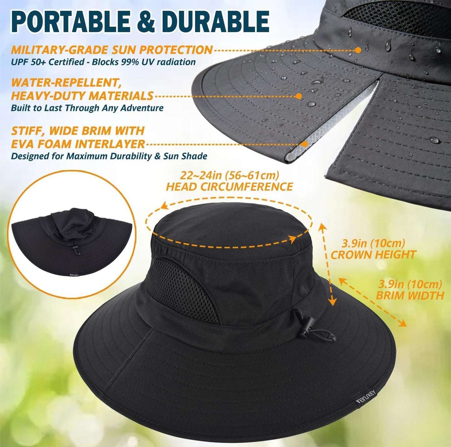 Black wide-brim bucket hat with mesh crown panel and neck flap, close-up.