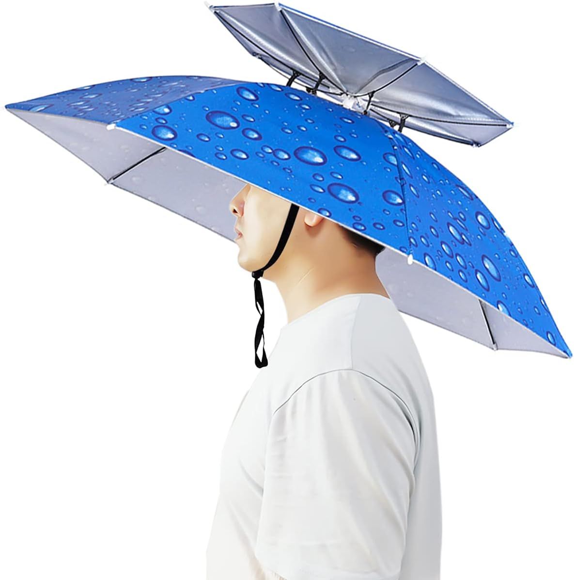 Blue and gray umbrella hat with raindrop pattern, worn over a head with chin strap.