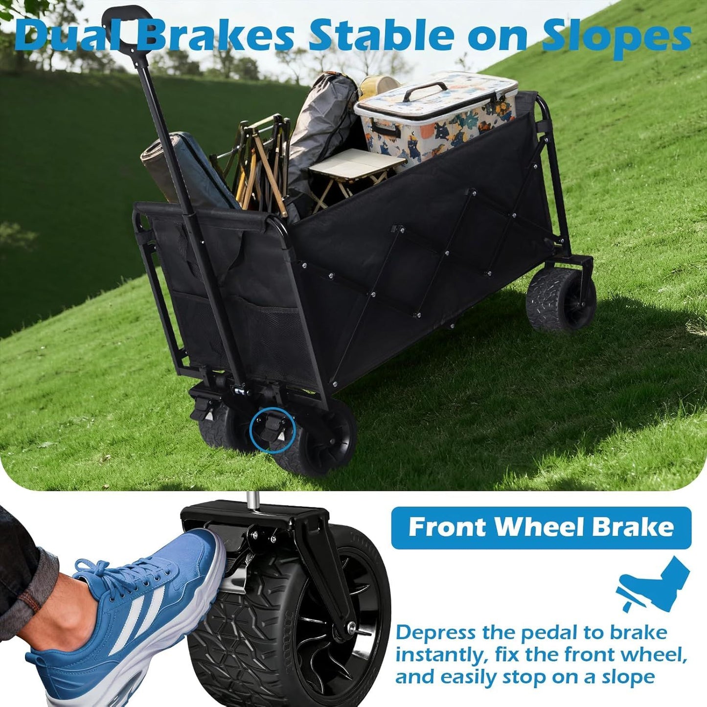 Foldable black wagon cart with front wheel brake and large tread wheels on slope