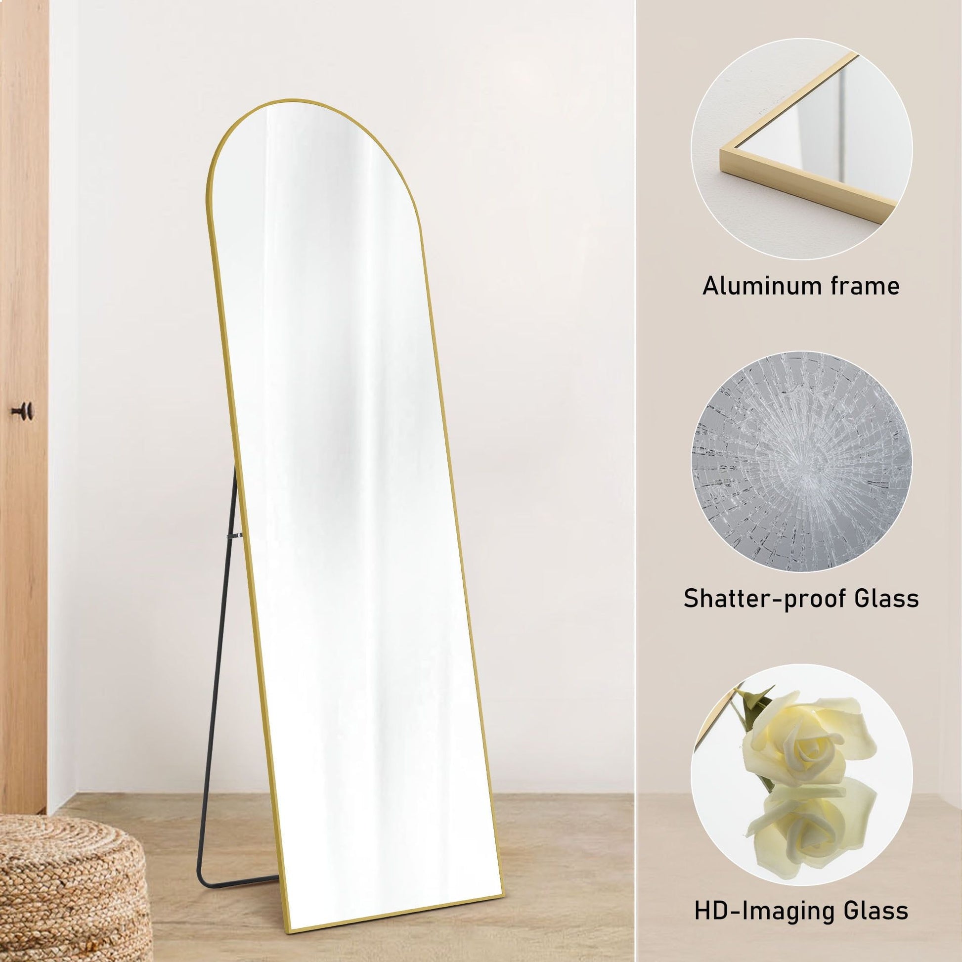 Arched standing mirror with gold aluminum frame and shatter-proof HD imaging glass