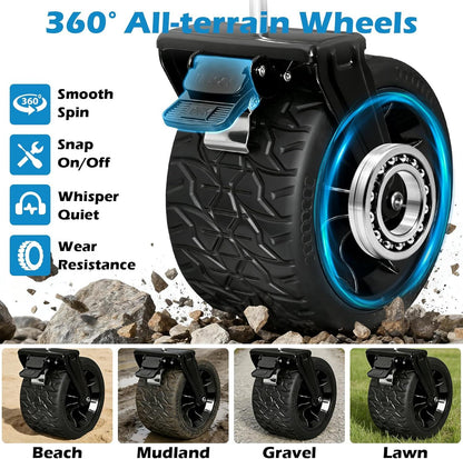 Close-up of black all-terrain wagon wheel with rugged tread