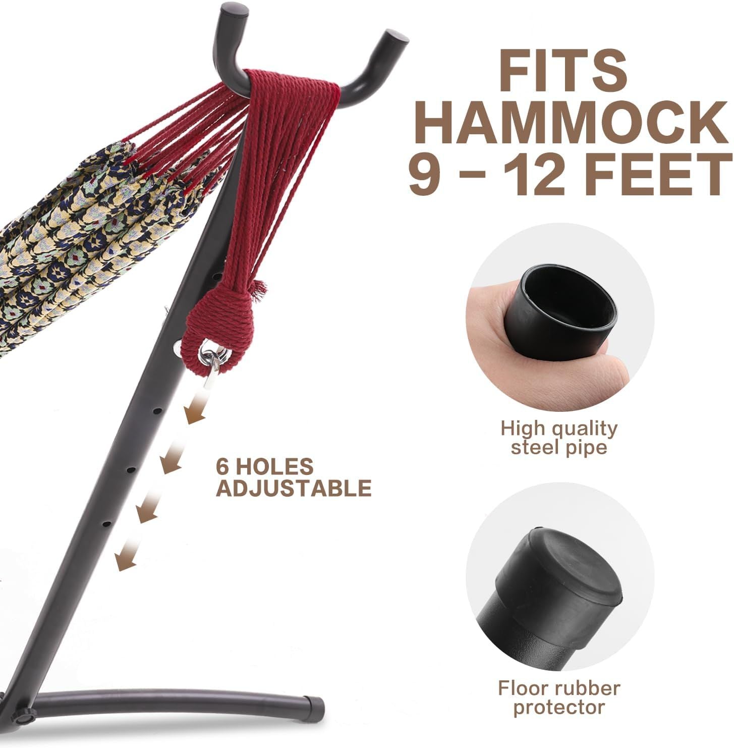 Black steel hammock stand end with adjustable holes and floor rubber protector.
