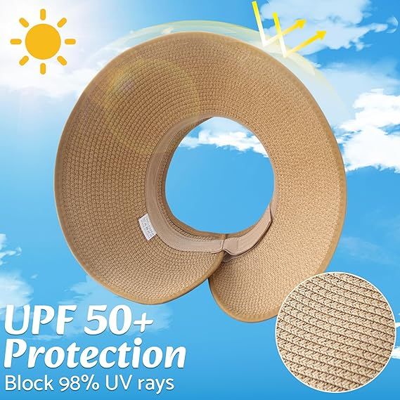 Tan wide-brim sun hat with ponytail opening, shown flat with small inset detail