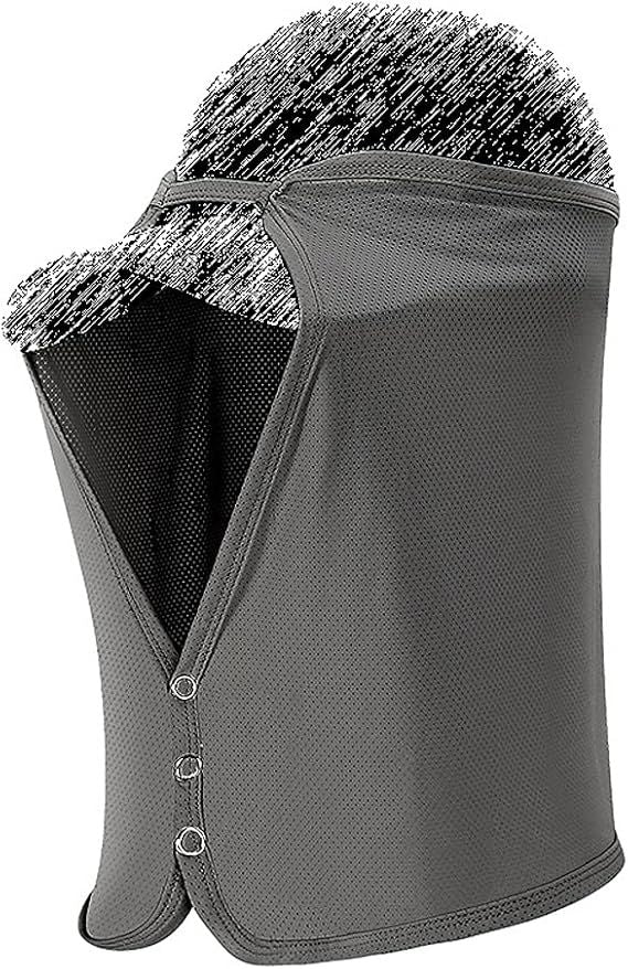 Unisex dark grey mesh neck shade cap with drape face covering and button front