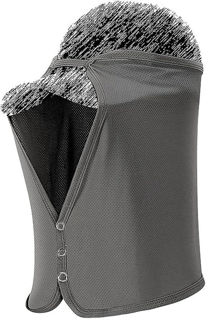 Unisex dark grey mesh neck shade cap with drape face covering and button front