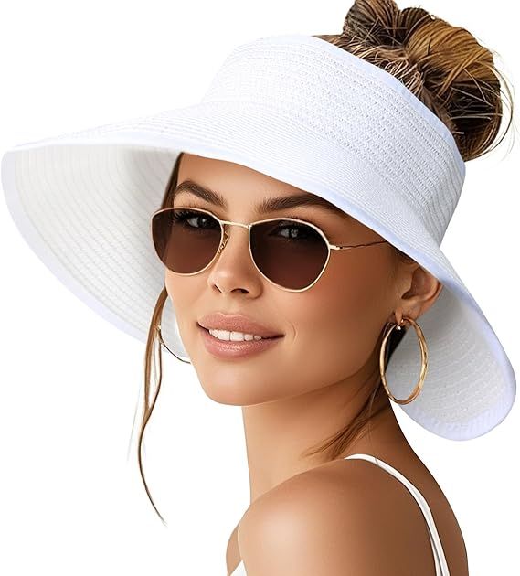 White wide-brim sun hat with open-top ponytail slot, floppy straw style