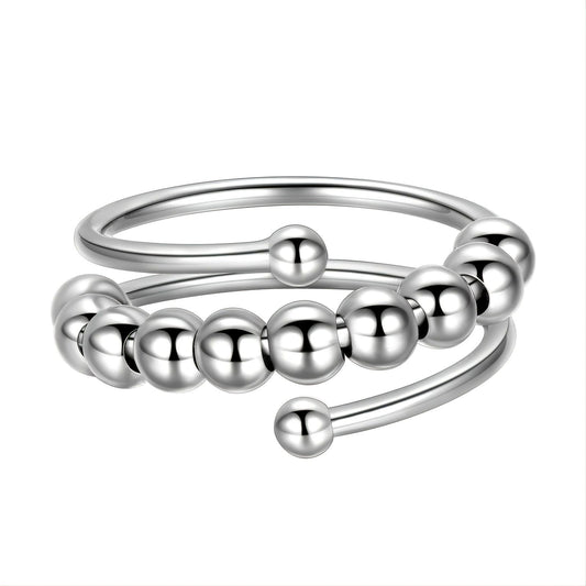 Adjustable double-layer bead ring in silver tone with rounded ball details and open design