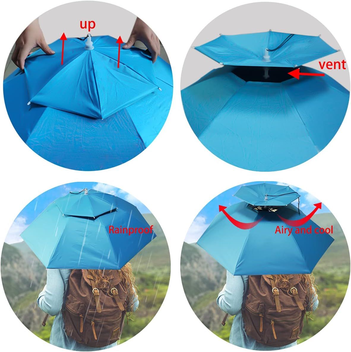 Hands-free umbrella hat, blue 37.4in folding fishing sunshade with vented top