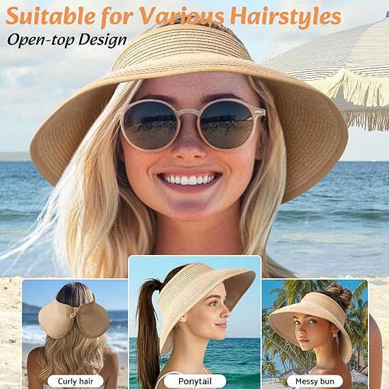 Light tan wide-brim straw sun hat with open-top ponytail slot, packable look