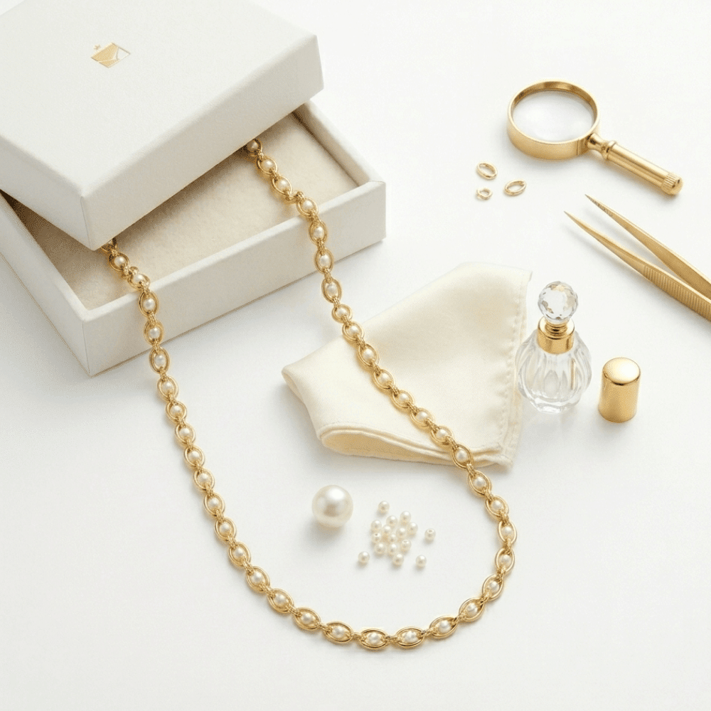 Gold-tone seed pearl necklace, flat-lay with round pearl beads along linked strand