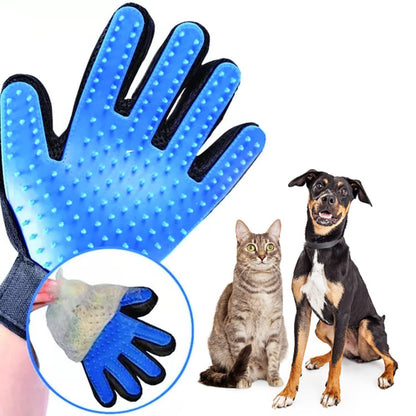 Blue silicone-tip pet grooming glove with black trim, shown on pets