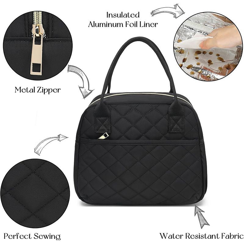 Black quilted lunch bag with metal zipper and insulated aluminum foil lining