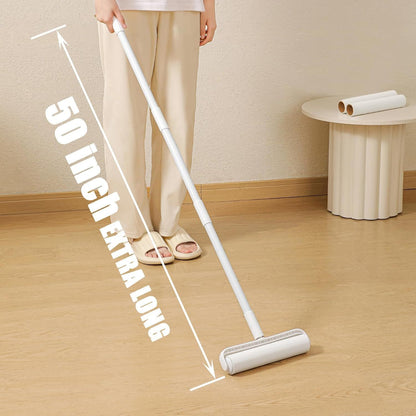 Wide lint roller with long handle for quick floor and baseboard pet hair removal.