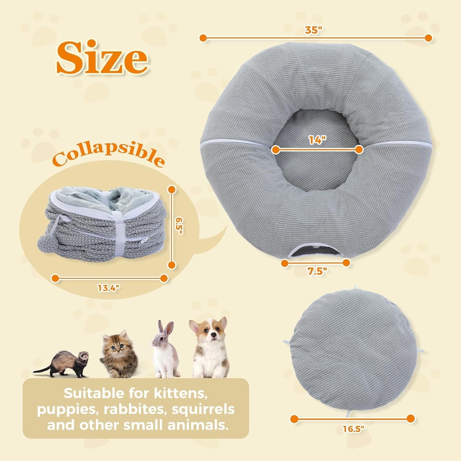 Gray collapsible cat donut tunnel bed with plush cushion and round side entrance opening